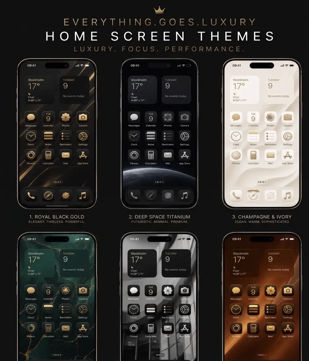 Six original luxury home screen themes by Everything.Goes.Luxury — Royal Black Gold, Deep Space Titanium, Champagne & Ivory, Emerald Marble, Monochrome Steel and Copper Ember