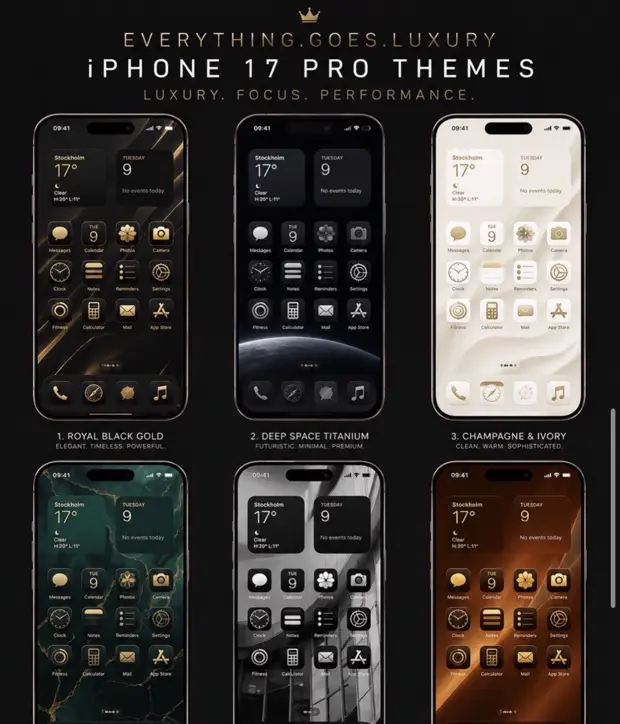 Everything.Goes.Luxury Themes — six luxury home screen designs, compatible with iPhone 17 Pro